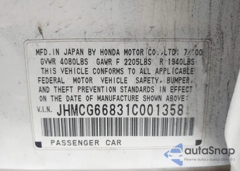 2001 Honda Accord 2.3 Ex z USA, uszkodzony, nr VIN JHMCG66831C001358